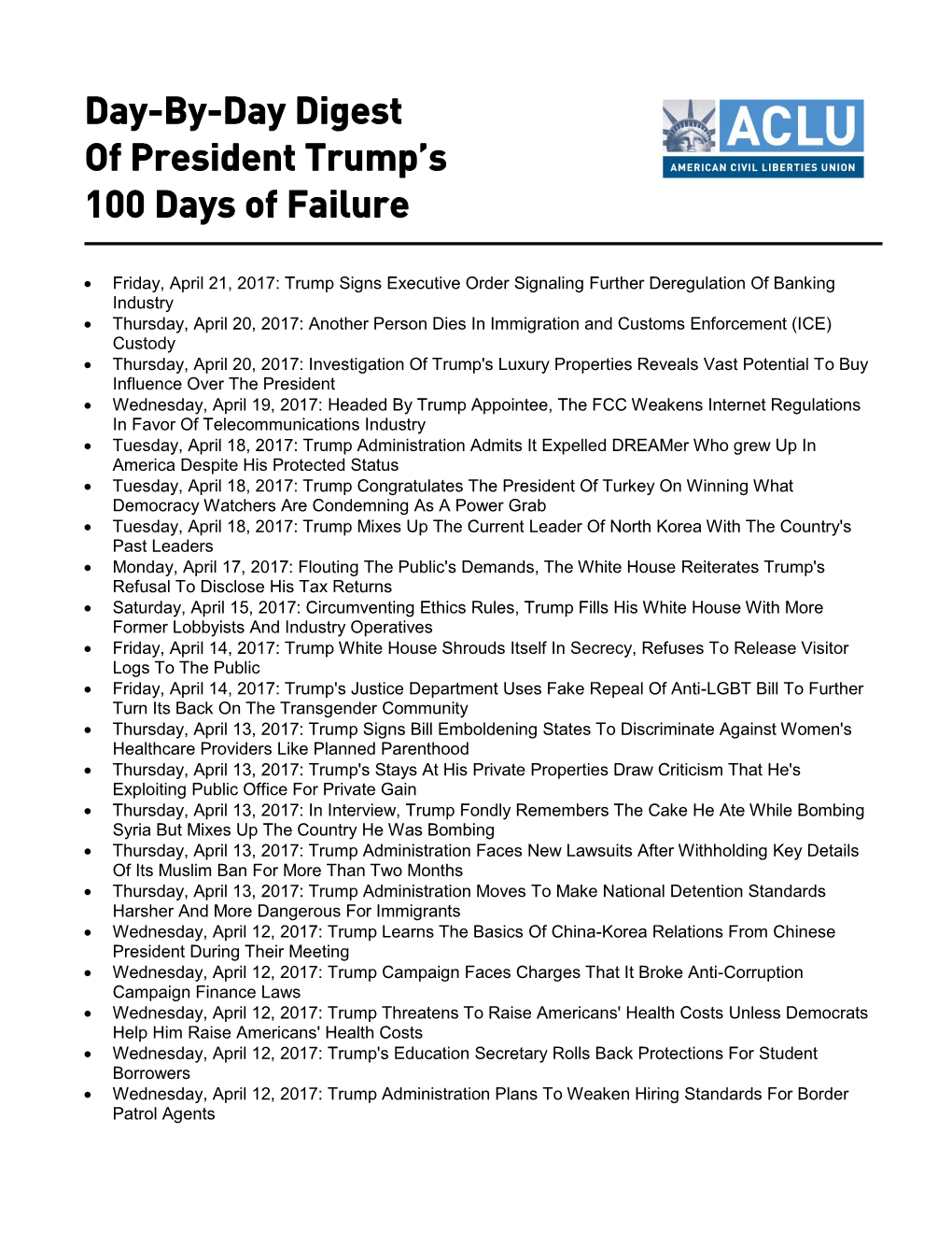 Day-By-Day Digest of President Trump's 100 Days of Failure