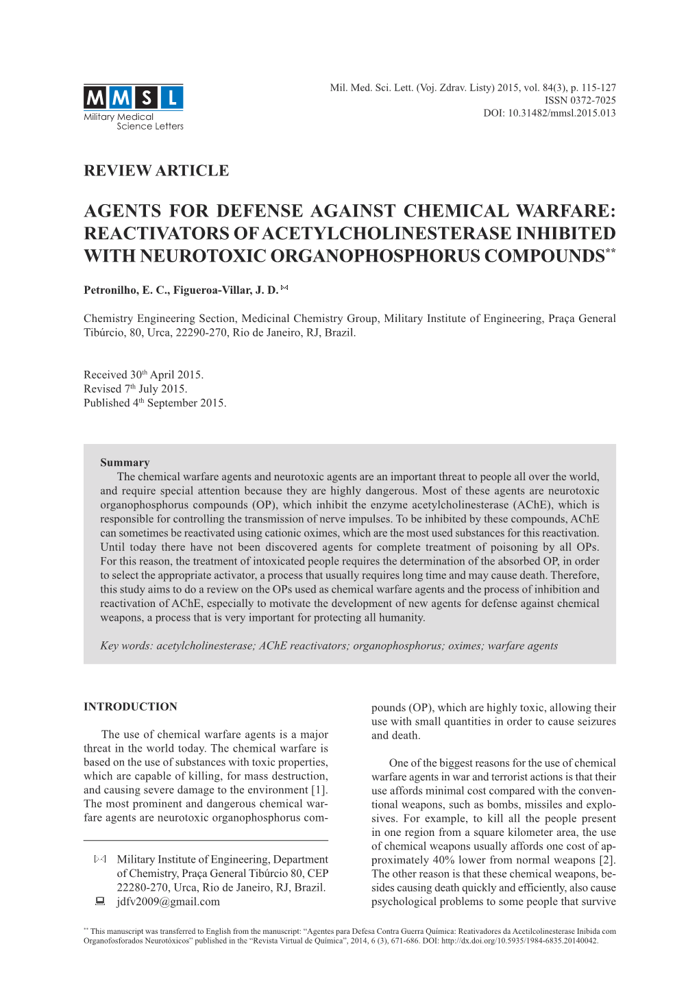 Agents for Defense Against Chemical Warfare: Reactivators of Acetylcholinesterase Inhibited with Neurotoxic Organophosphorus Compounds **