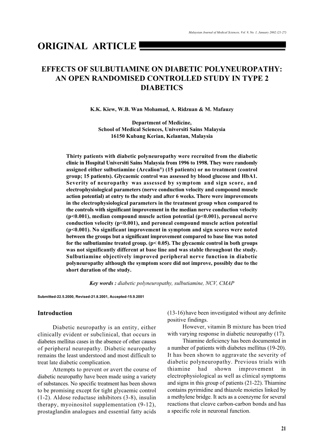 Effects of Sulbutiamine on Diabetic Polyneuropathy: an Open Randomised Controlled Study in Type 2 Diabetics