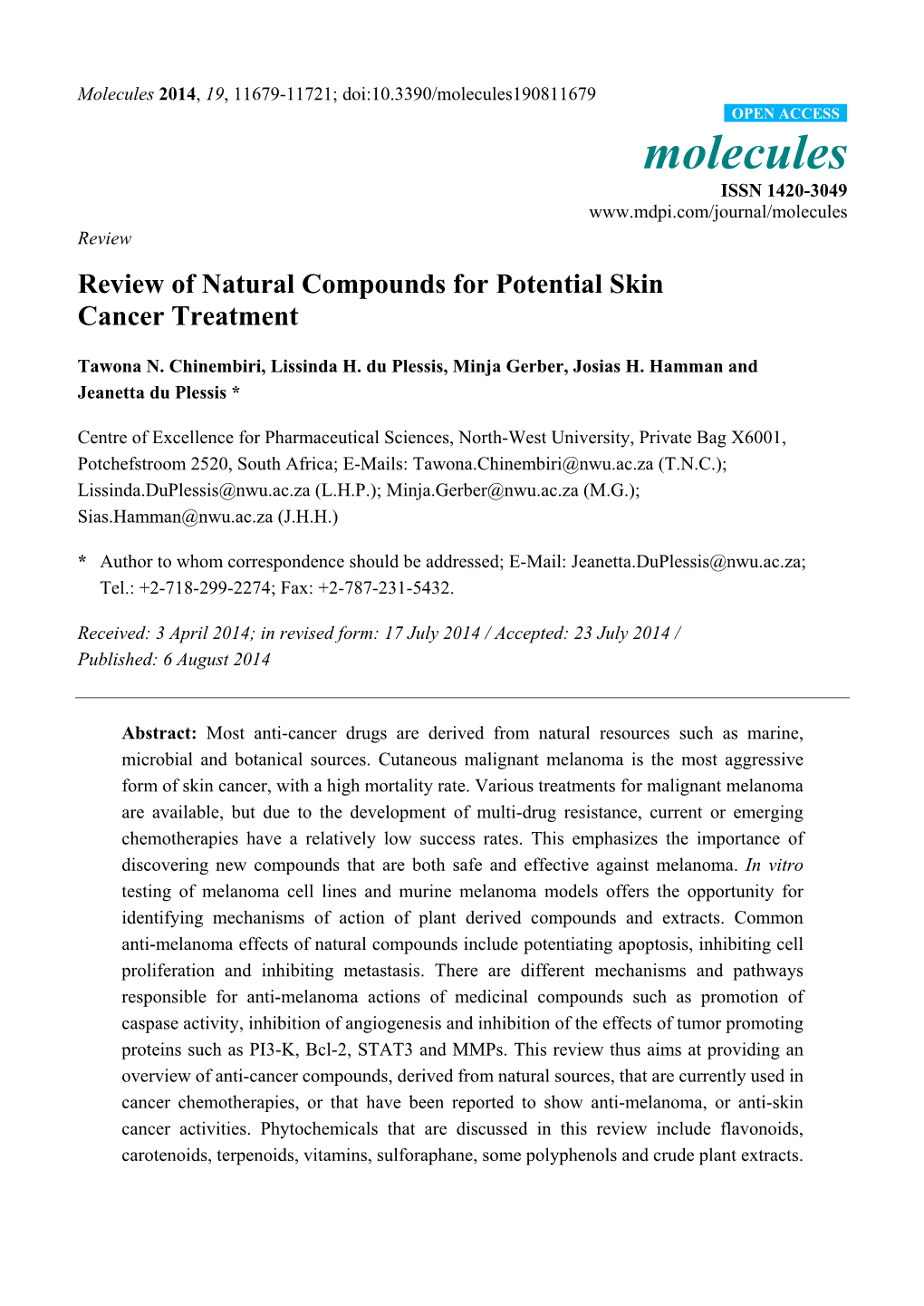 Review of Natural Compounds for Potential Skin Cancer Treatment