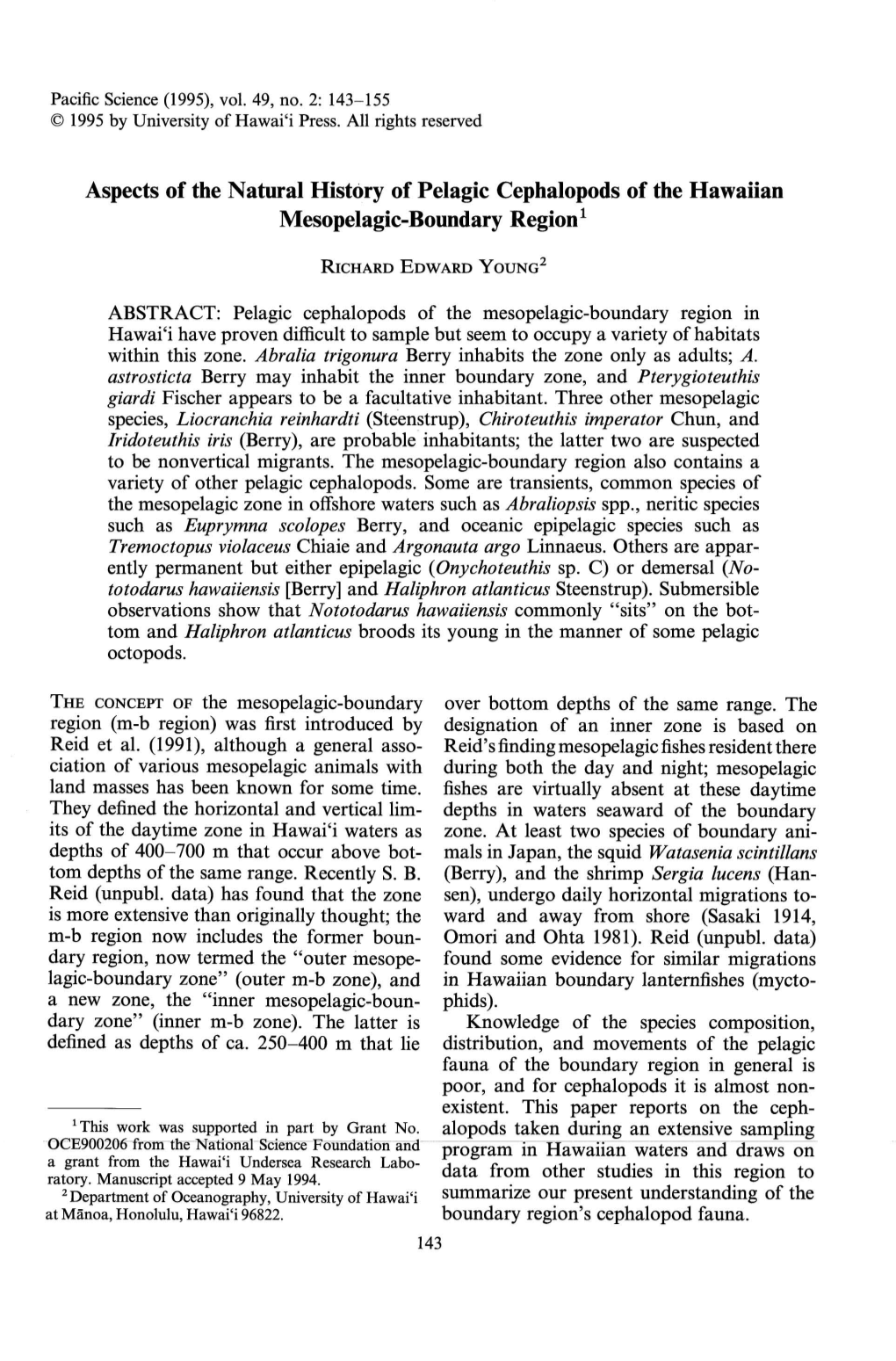 Aspects of the Natural History of Pelagic Cephalopods of the Hawaiian Mesopelagic-Boundary Region 1