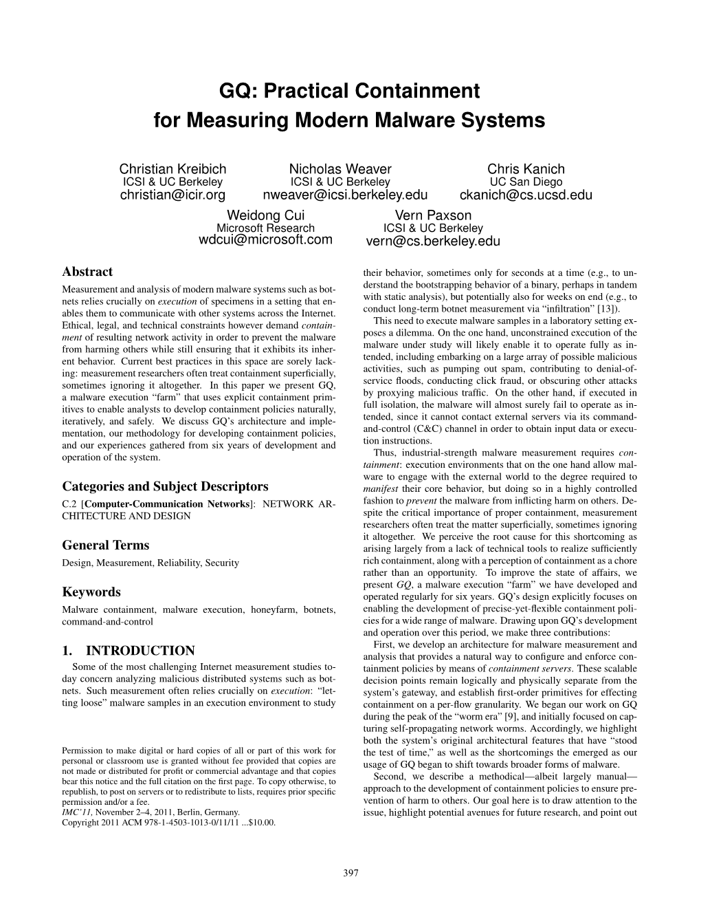 GQ: Practical Containment for Measuring Modern Malware Systems