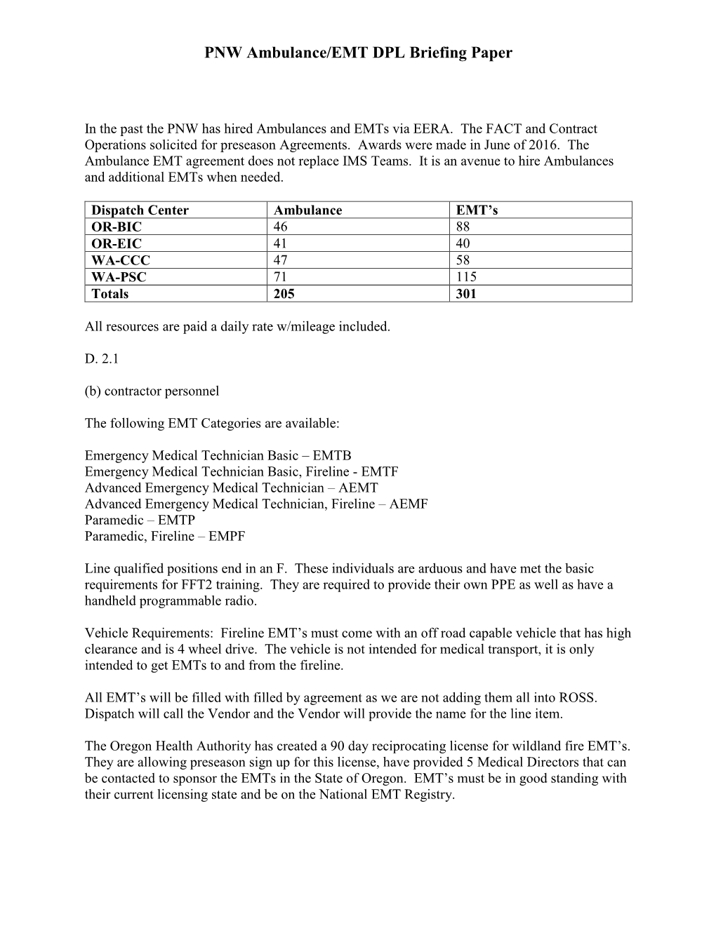 PNW Ambulance/EMT DPL Briefing Paper