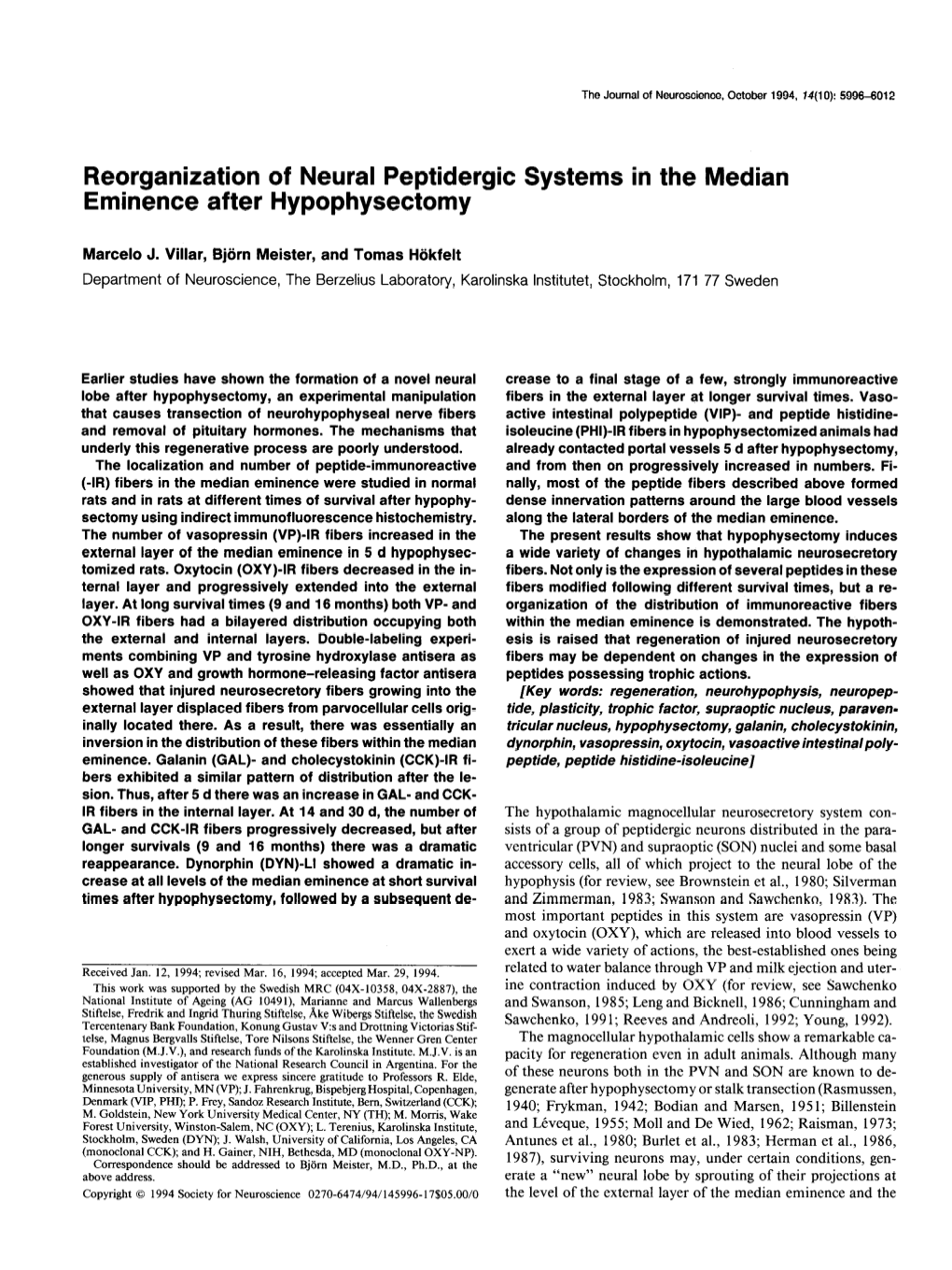 Reorganization of Neural Peptidergic Eminence After Hypophysectomy