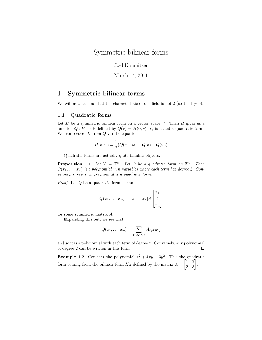 Notes on Symmetric Bilinear Forms