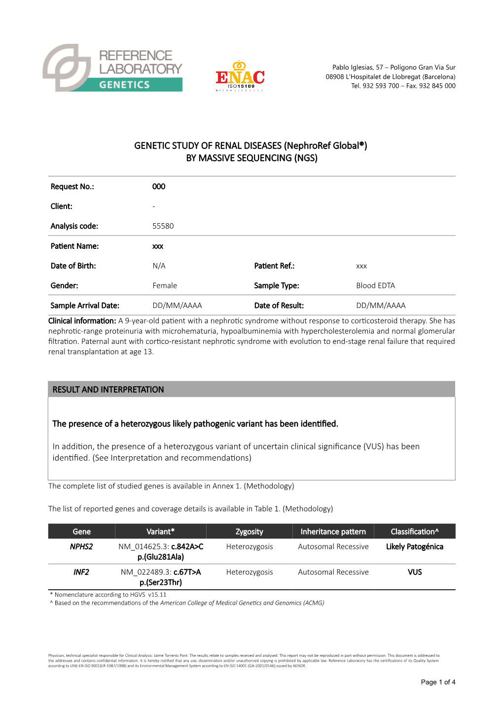 GENETIC STUDY of RENAL DISEASES (Nephroref Global®) by MASSIVE SEQUENCING (NGS)