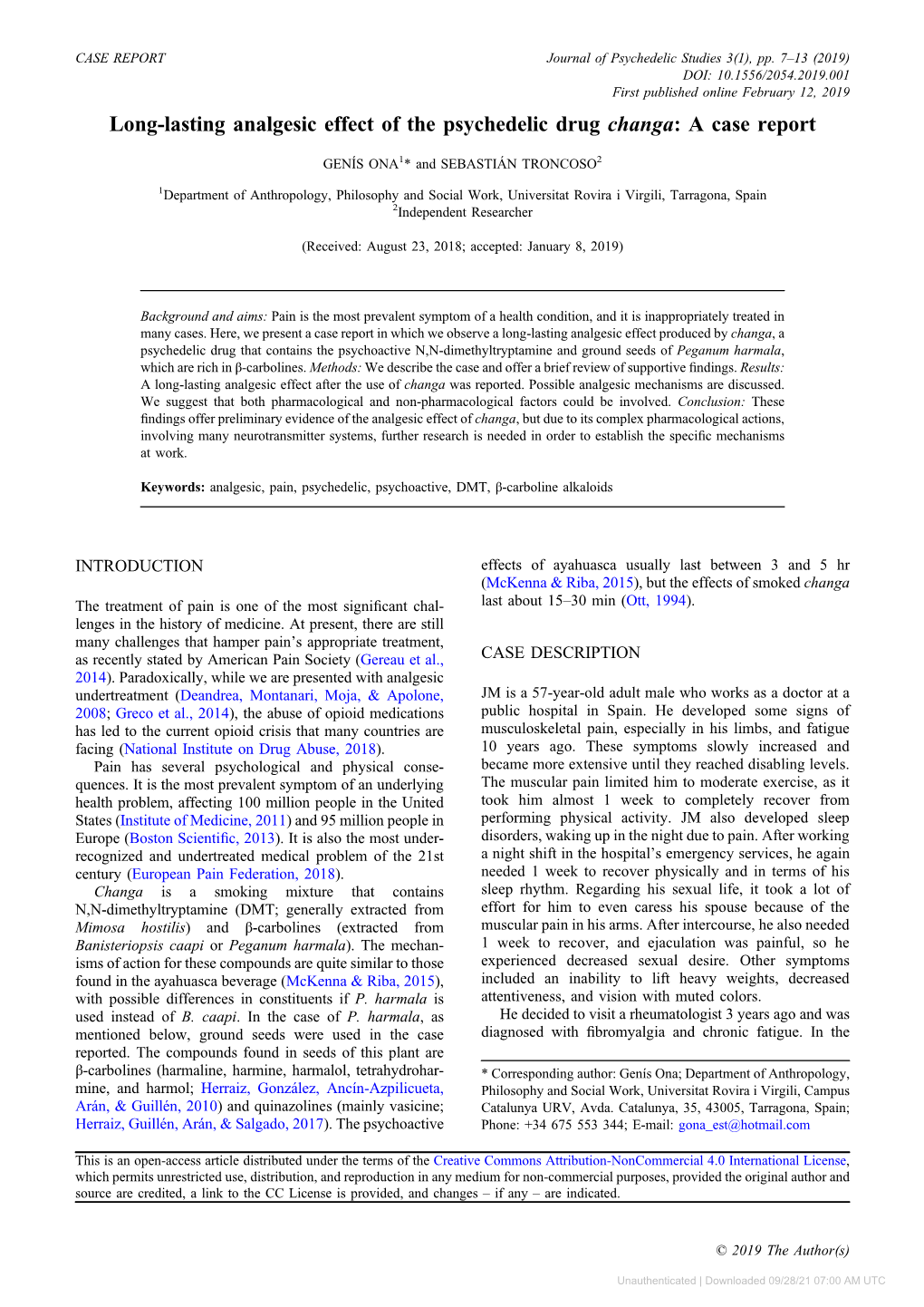 Long-Lasting Analgesic Effect of the Psychedelic Drug Changa: a Case Report