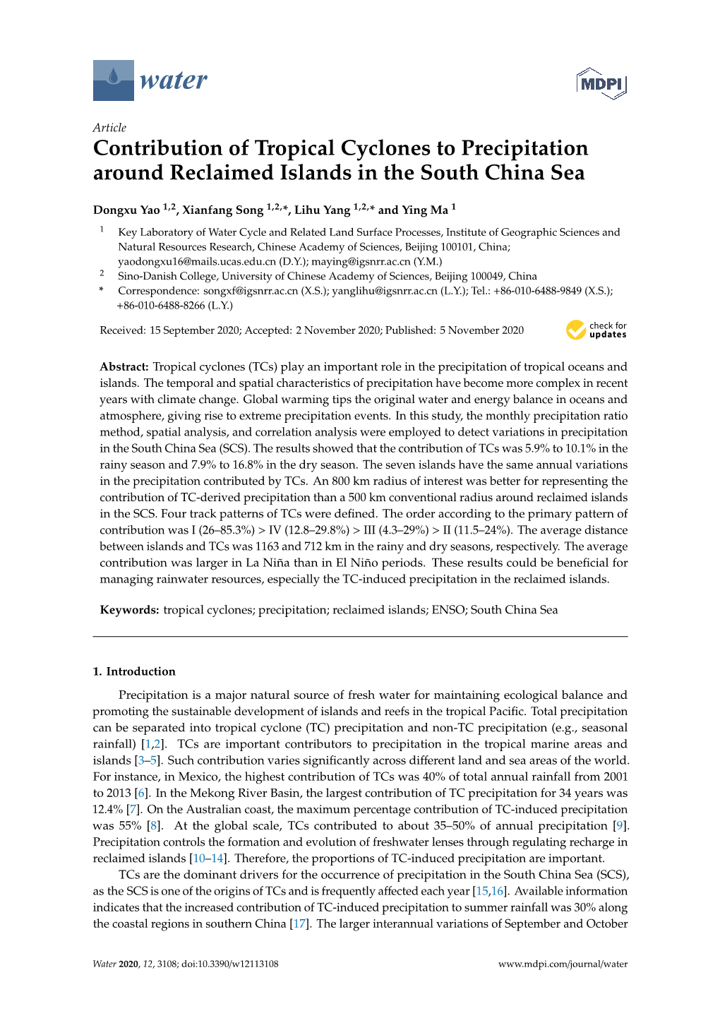 Contribution of Tropical Cyclones to Precipitation Around Reclaimed Islands in the South China Sea