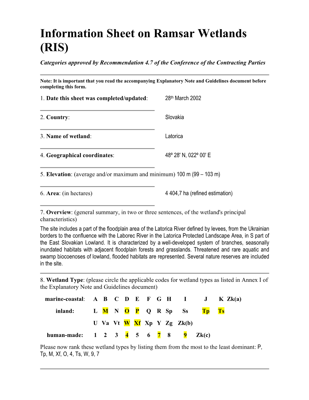 RIS) Categories Approved by Recommendation 4.7 of the Conference of the Contracting Parties