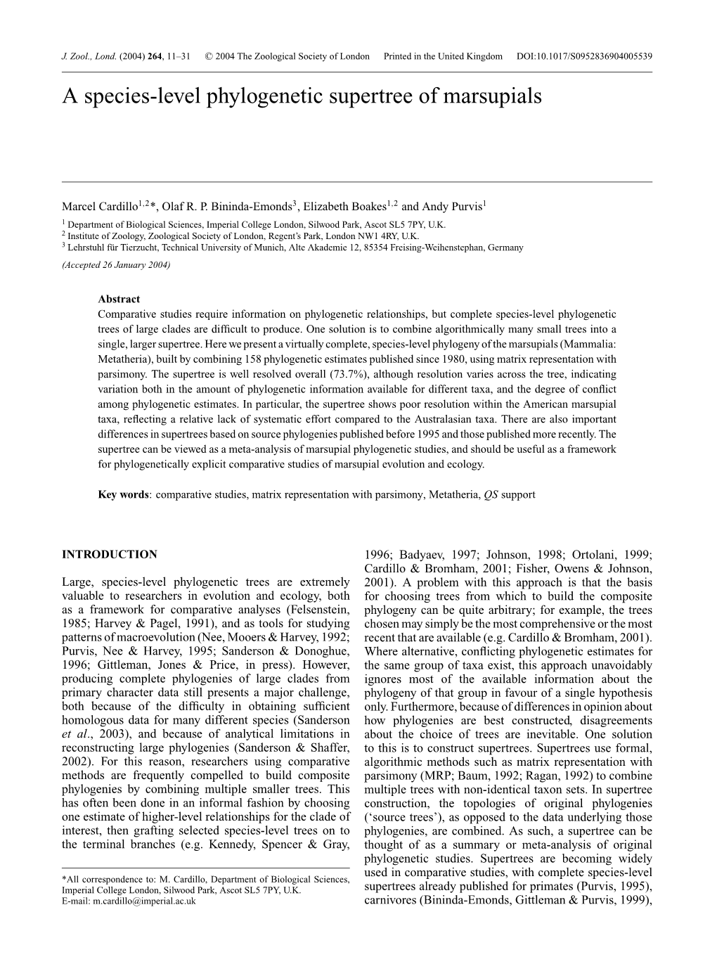 A Species-Level Phylogenetic Supertree of Marsupials