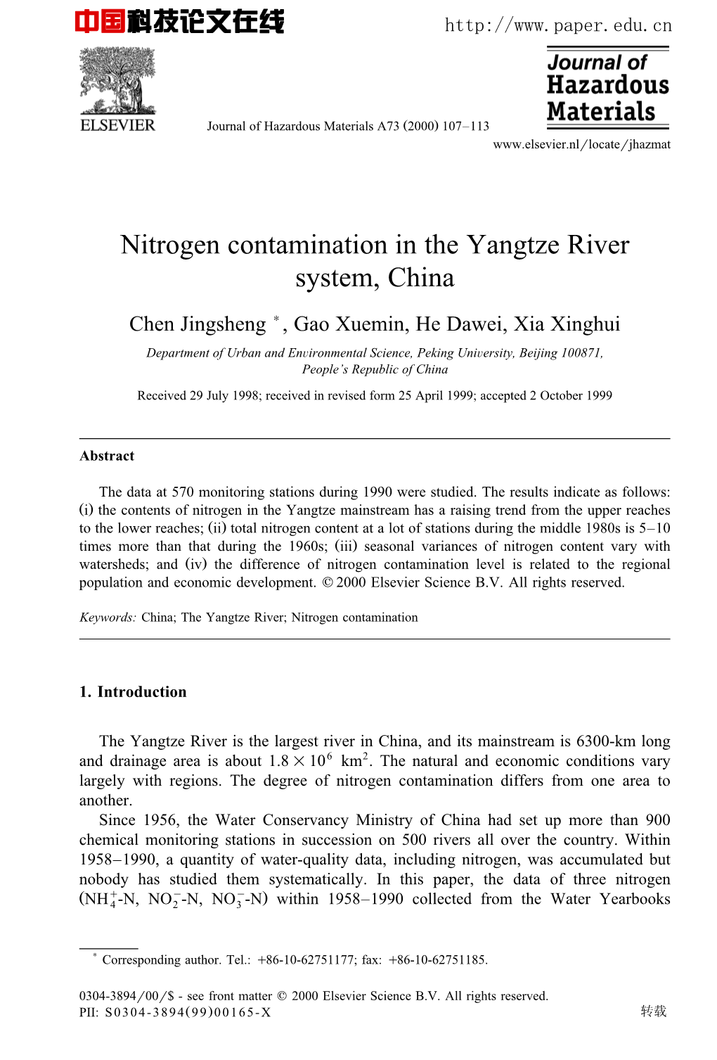 Nitrogen Contamination in the Yangtze River System, China