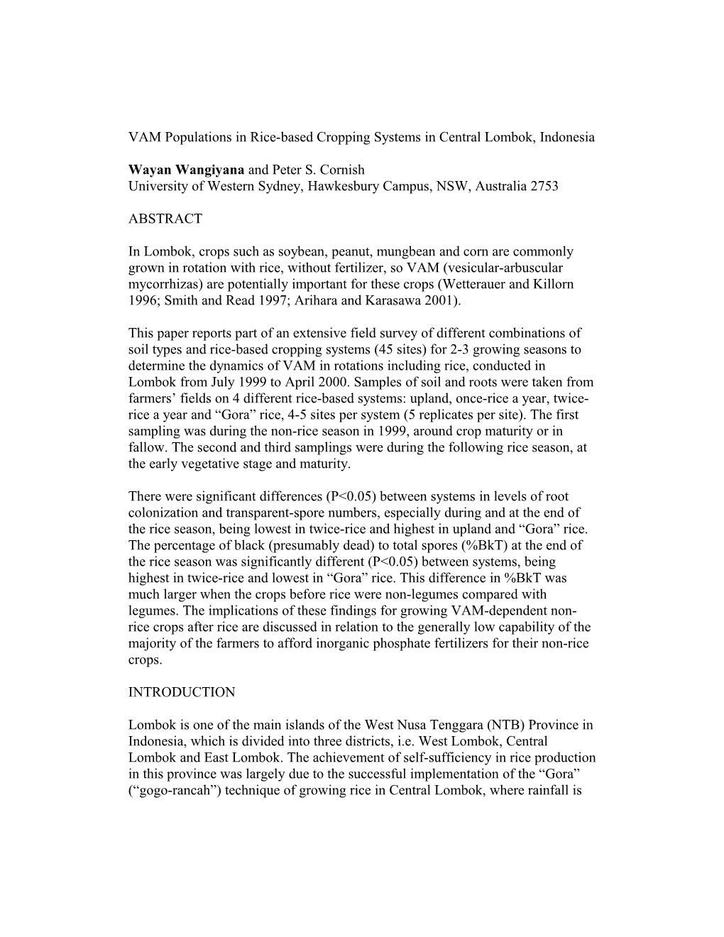 VAM Populations in Rice-Based Cropping Systems in Central Lombok, Indonesia