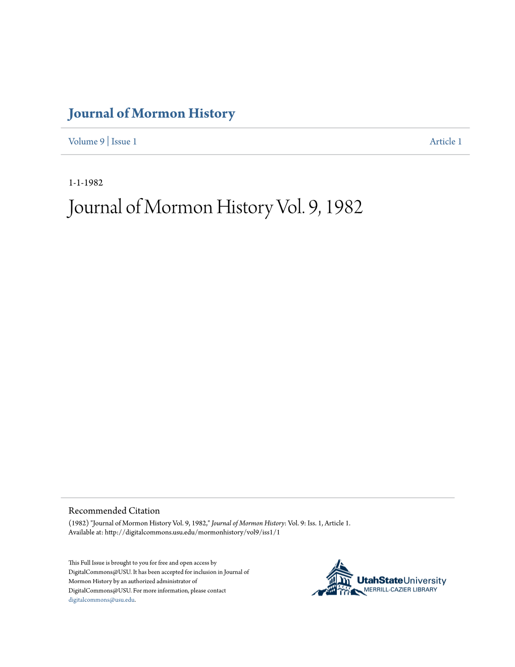 Journal of Mormon History Vol. 9, 1982