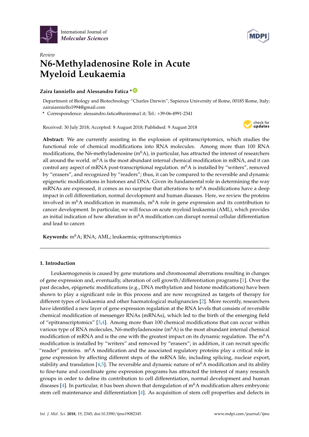N6-Methyladenosine Role in Acute Myeloid Leukaemia