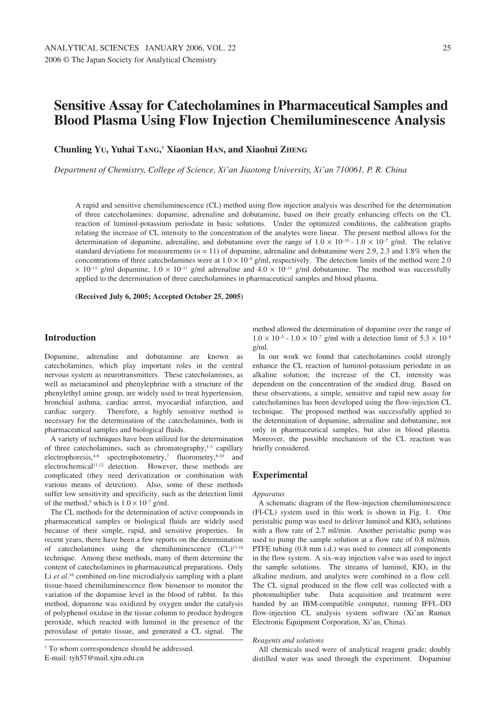 Sensitive Assay for Catecholamines in Pharmaceutical Samples and Blood Plasma Using Flow Injection Chemiluminescence Analysis