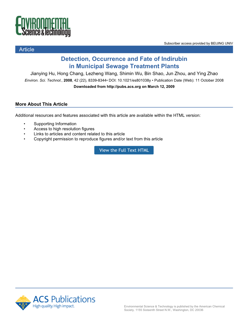 Detection, Occurrence and Fate of Indirubin in Municipal Sewage