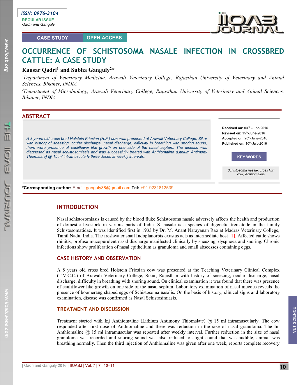 Occurrence of Schistosoma Nasale Infection in Crossbred Cattle: a Case Study 1 2