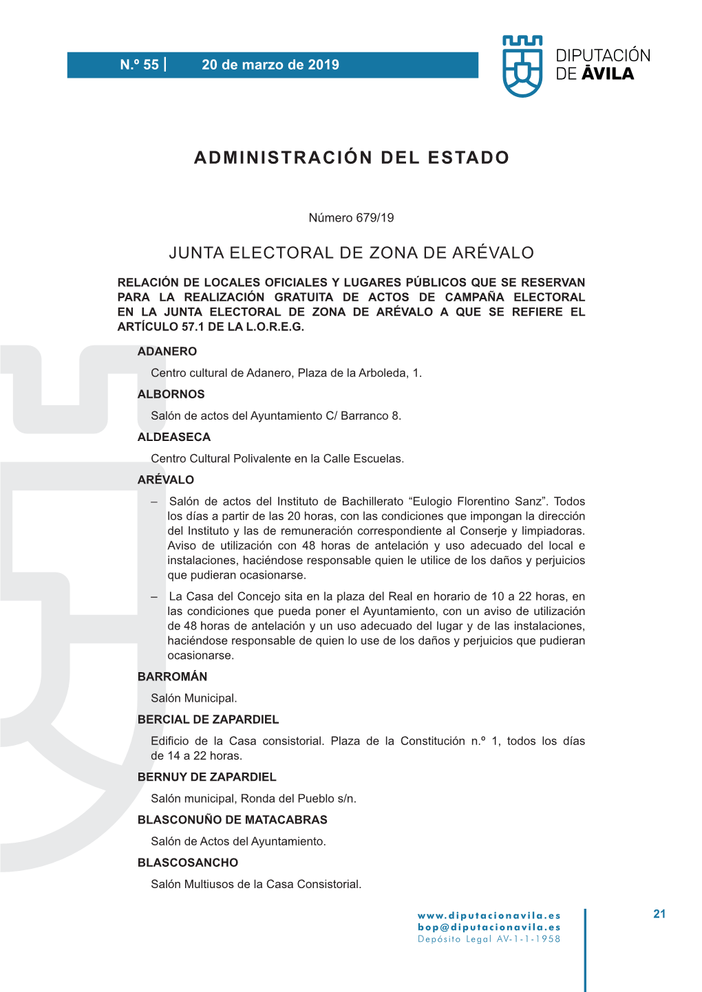 Elecciones 2019. Relación De Locales Oficiales Y Lugares Públicos Para La