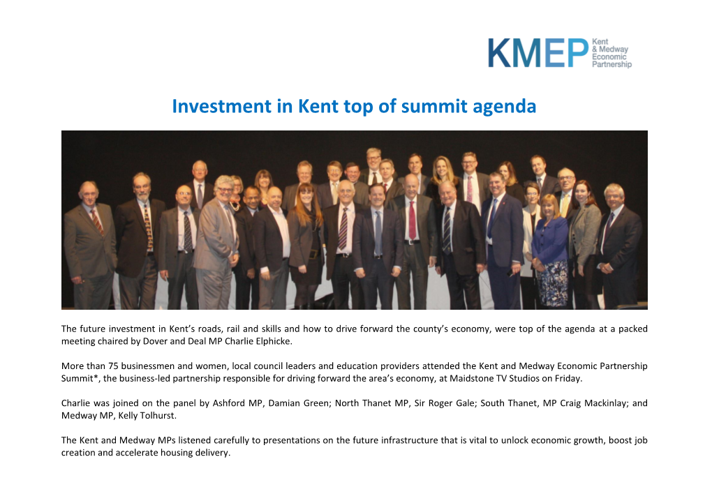 Investment in Kent Top of Summit Agenda