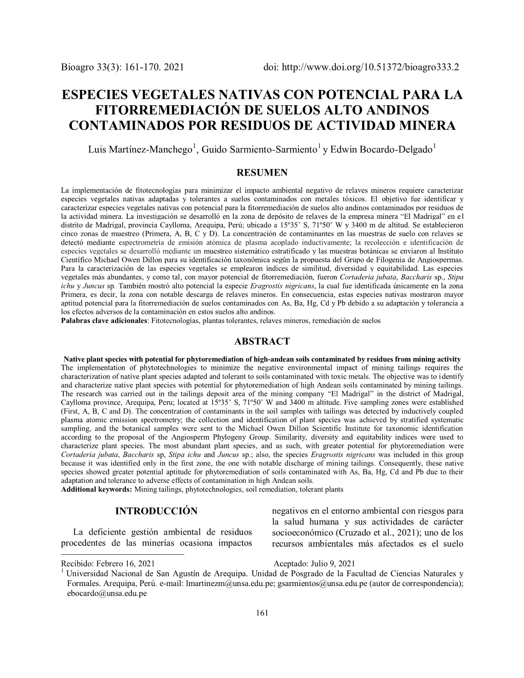 Especies Vegetales Nativas Con Potencial Para La Fitorremediación De Suelos Alto Andinos Contaminados Por Residuos De Actividad Minera