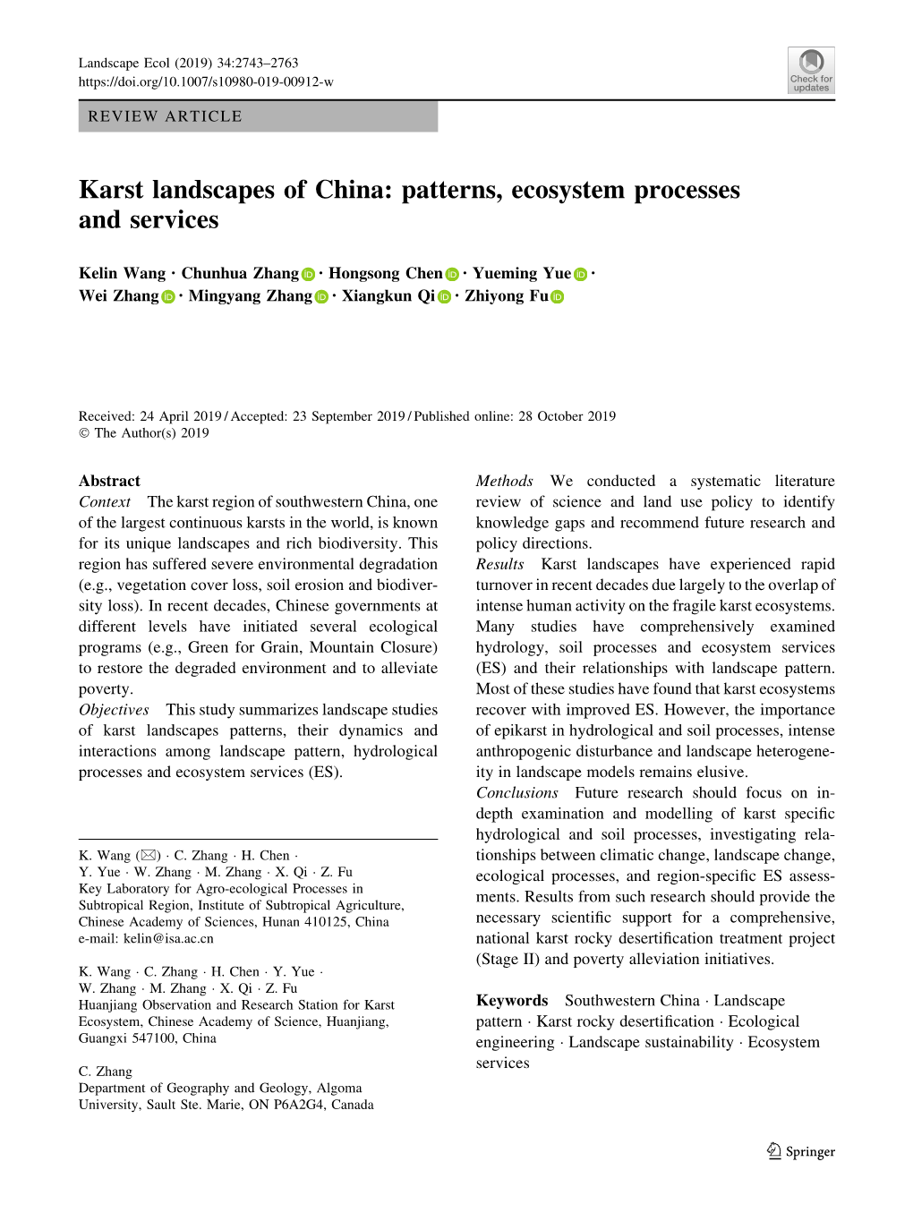 Karst Landscapes of China: Patterns, Ecosystem Processes and Services