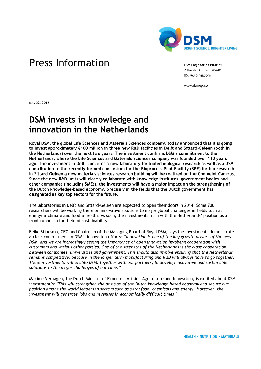 DSM Invests in Knowledge and Innovation in the Netherlands