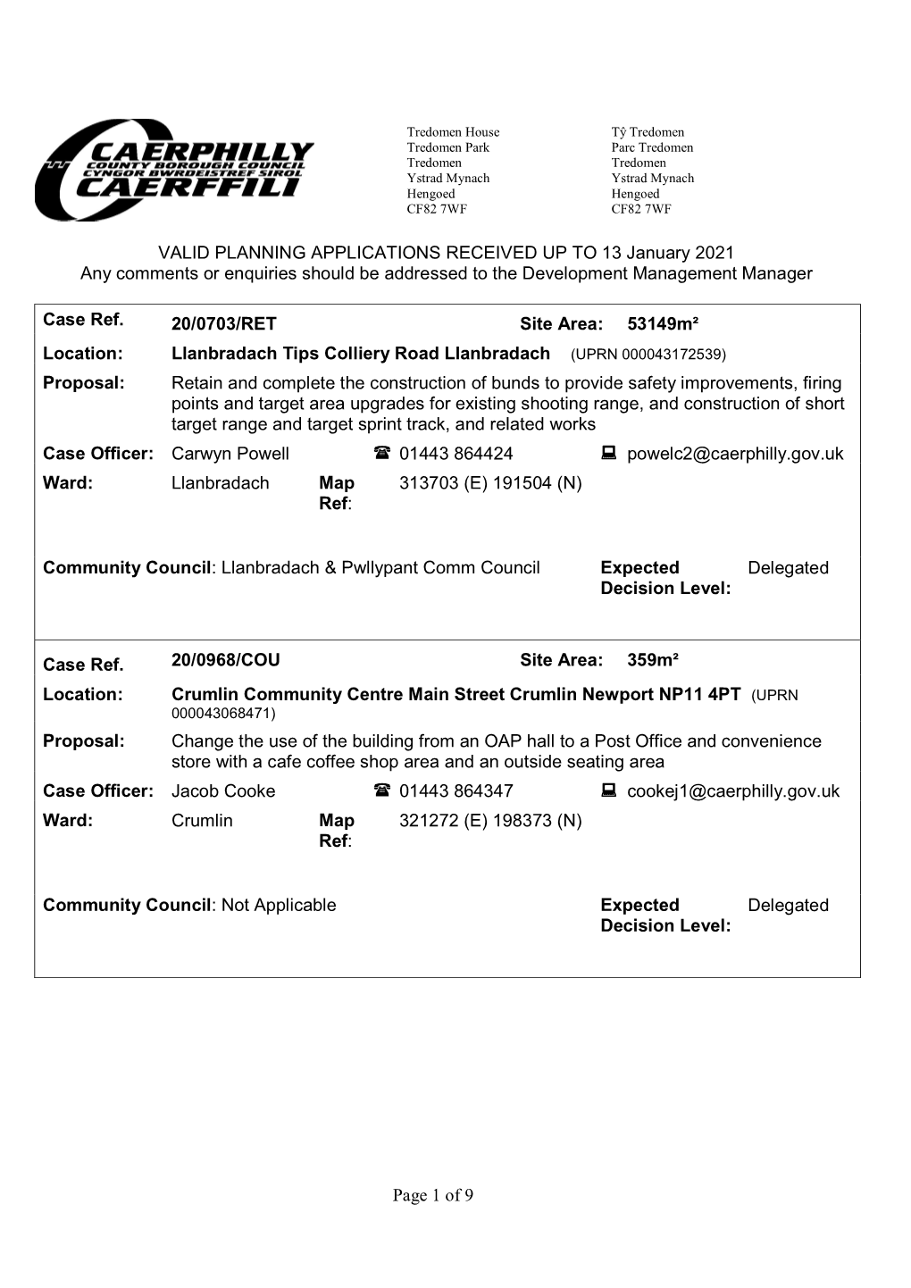 Page 1 of 9 VALID PLANNING APPLICATIONS RECEIVED up to 13 January 2021 Any Comments Or Enquiries Should Be Addressed to the Deve