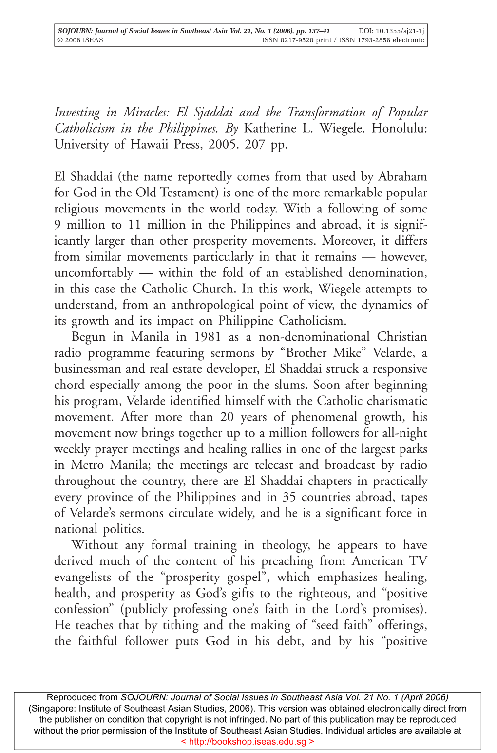 Investing in Miracles: El Sjaddai and the Transformation of Popular Catholicism in the Philippines