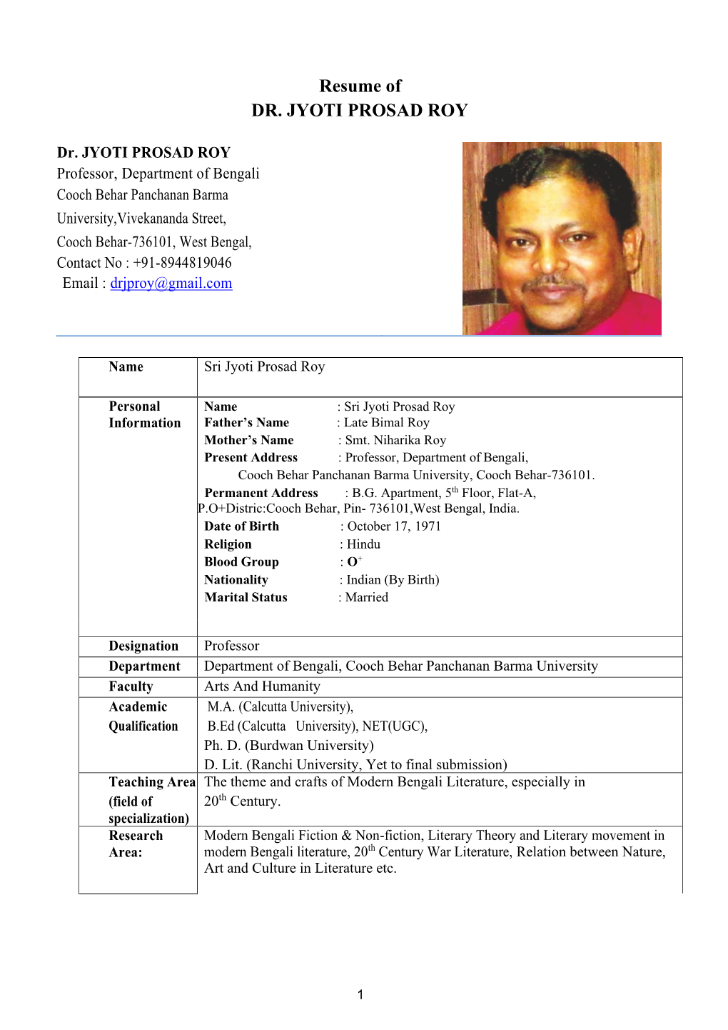 Resume of DR. JYOTI PROSAD ROY