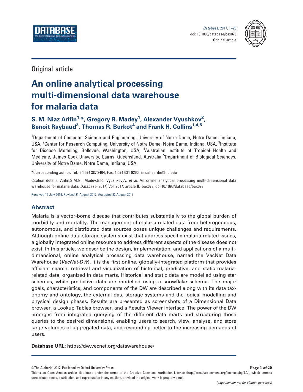 An Online Analytical Processing Multi-Dimensional Data Warehouse for Malaria Data S