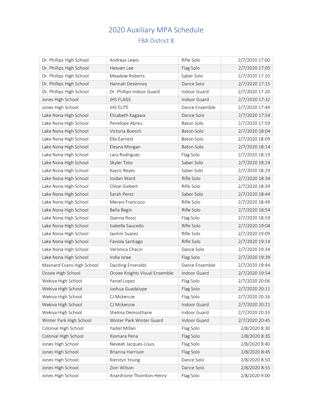 2020 Auxiliary MPA Schedule FBA District 8