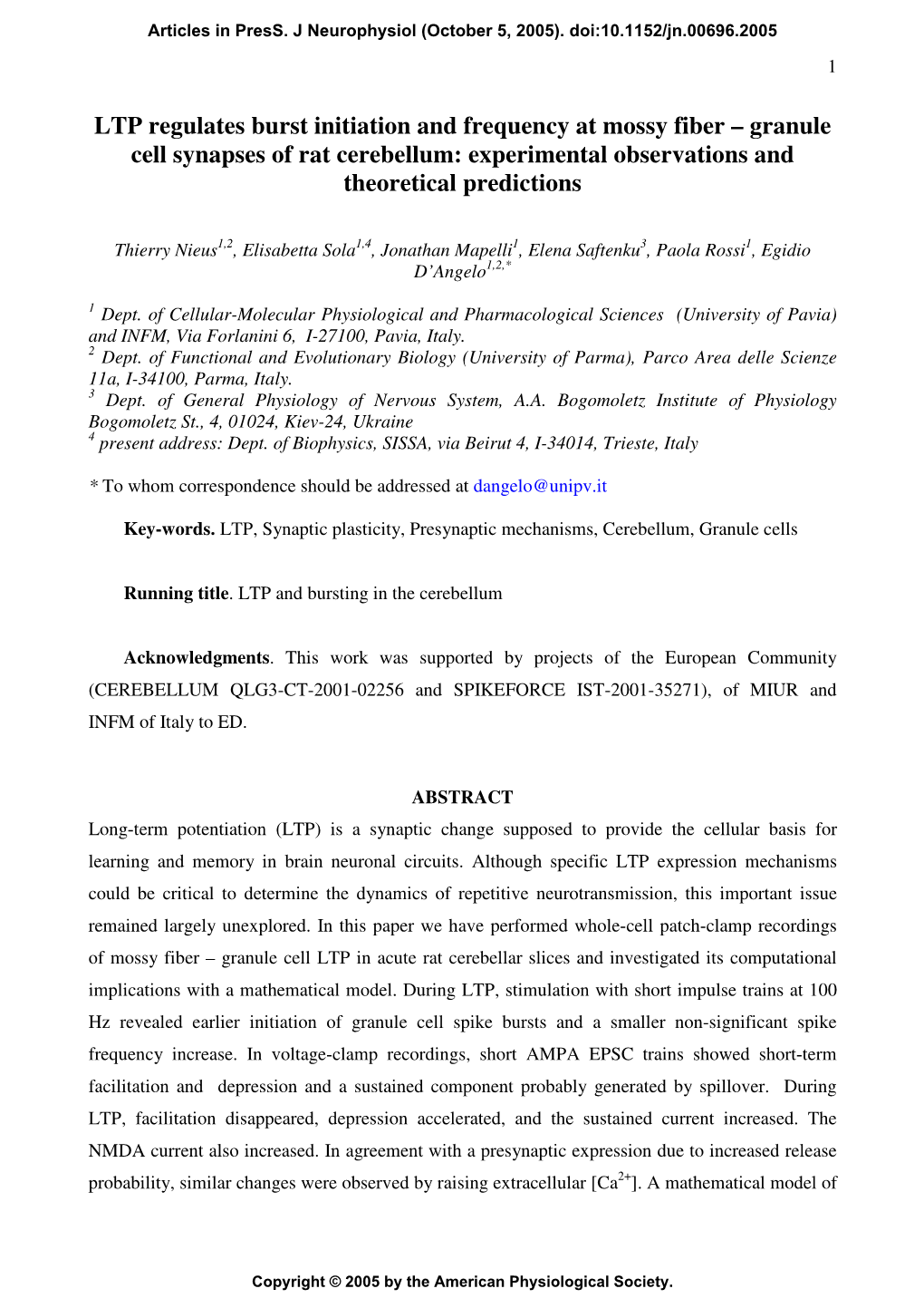 Granule Cell Synapses of Rat Cerebellum: Experimental Observations and Theoretical Predictions