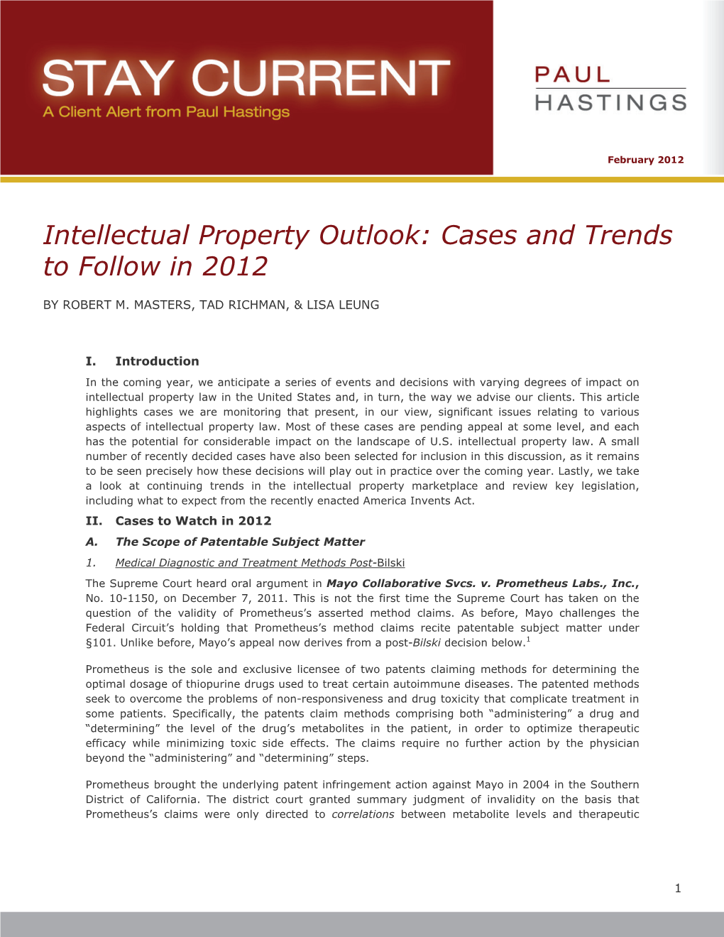 Intellectual Property Outlook: Cases and Trends to Follow in 2012