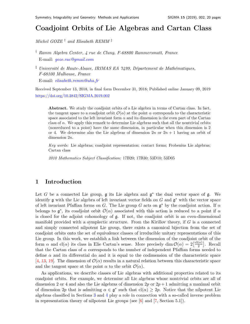 Coadjoint Orbits of Lie Algebras and Cartan Class