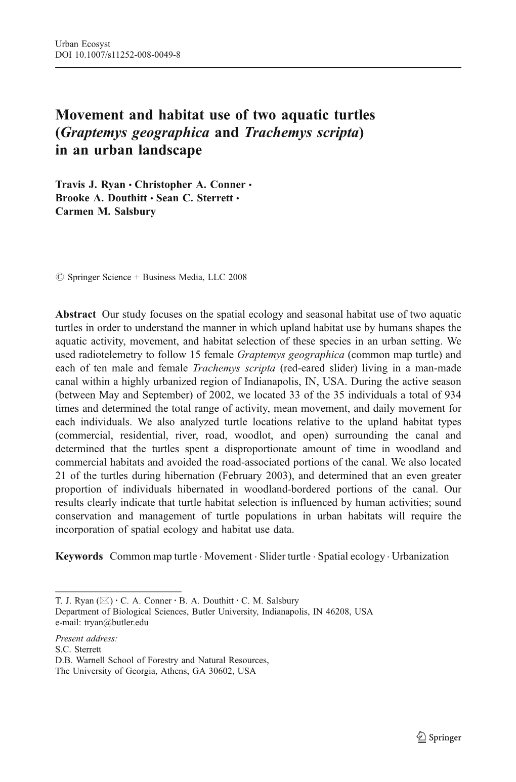 Movement and Habitat Use of Two Aquatic Turtles (Graptemys Geographica and Trachemys Scripta) in an Urban Landscape