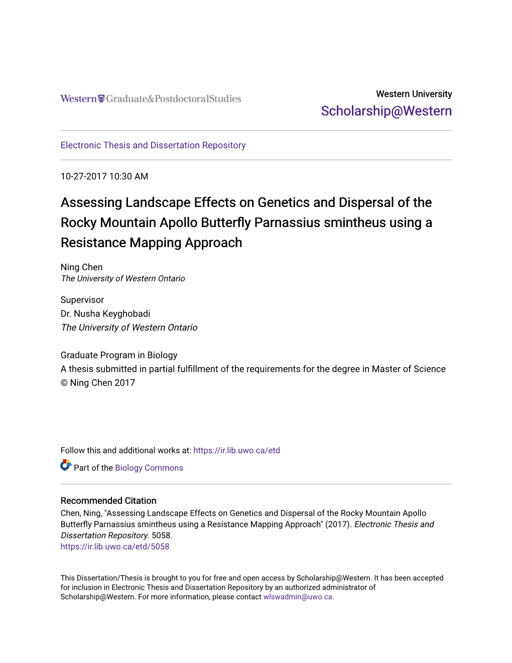 Assessing Landscape Effects on Genetics and Dispersal of the Rocky Mountain Apollo Butterfly Arnassiusp Smintheus Using a Resistance Mapping Approach