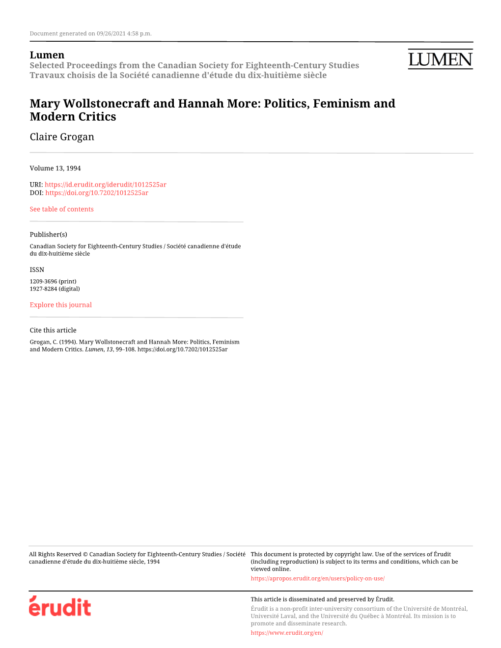 Mary Wollstonecraft and Hannah More: Politics, Feminism and Modern Critics Claire Grogan