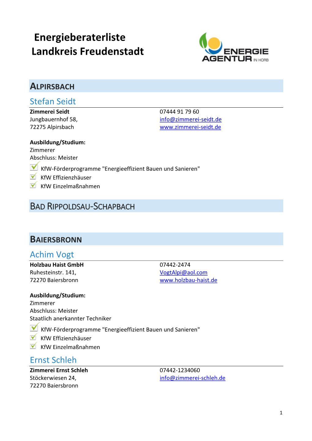 Energieberaterliste Landkreis Freudenstadt