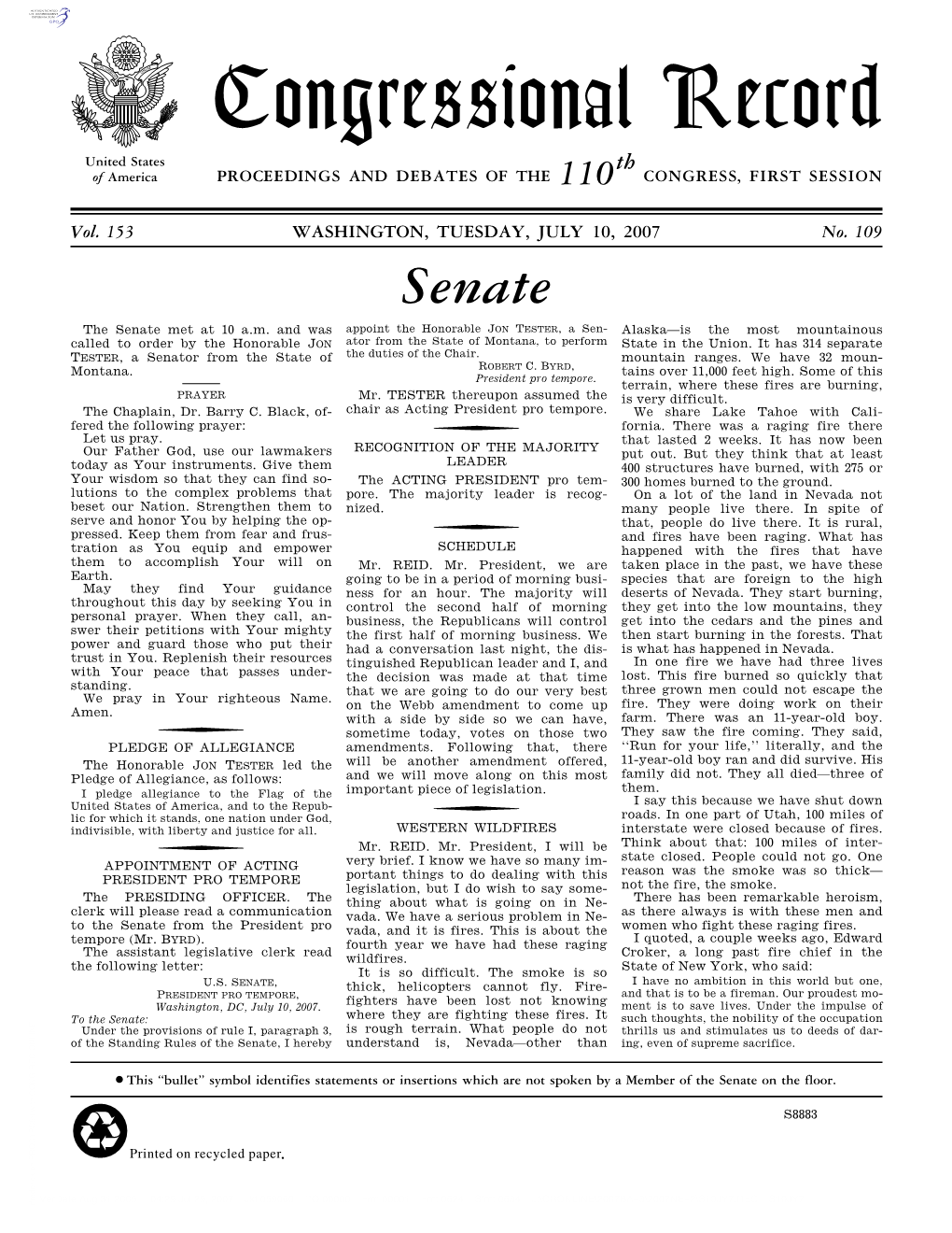 Congressional Record United States Th of America PROCEEDINGS and DEBATES of the 110 CONGRESS, FIRST SESSION