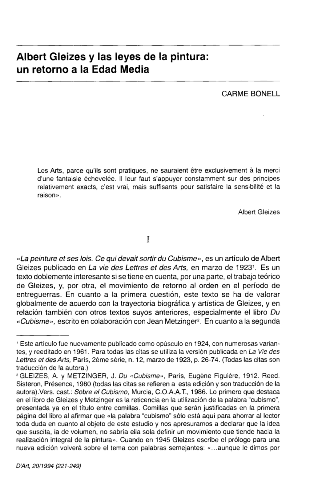 Albert Gleizes Y Las Leyes De La Pintura: Un Retorno a La Edad Media