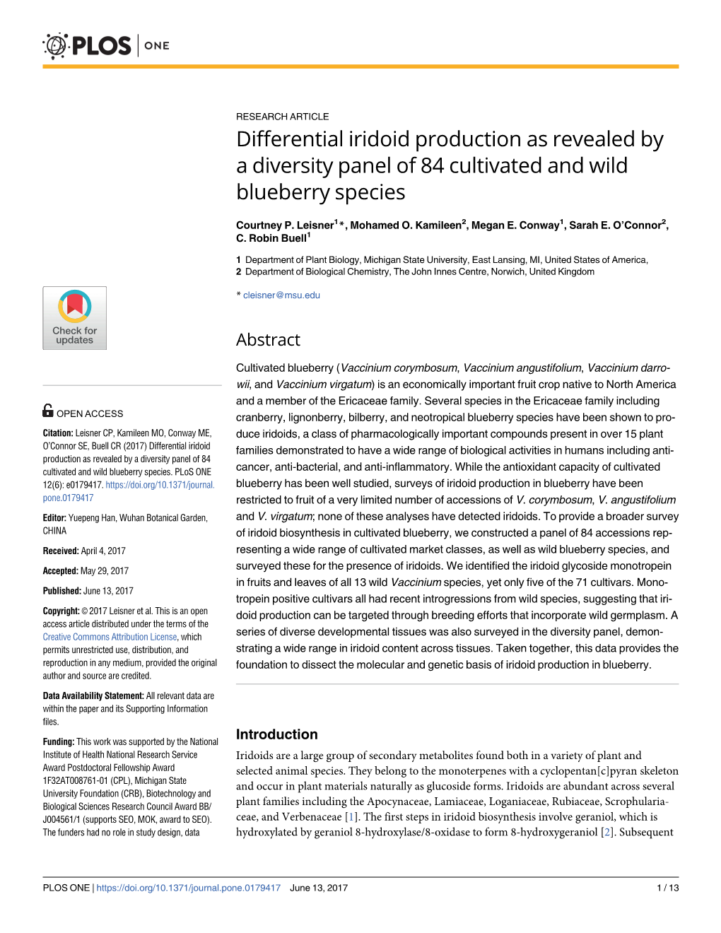 Differential Iridoid Production As Revealed by a Diversity Panel of 84 Cultivated and Wild Blueberry Species