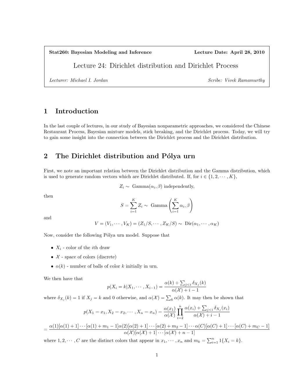 Lecture 24: Dirichlet Distribution and Dirichlet Process