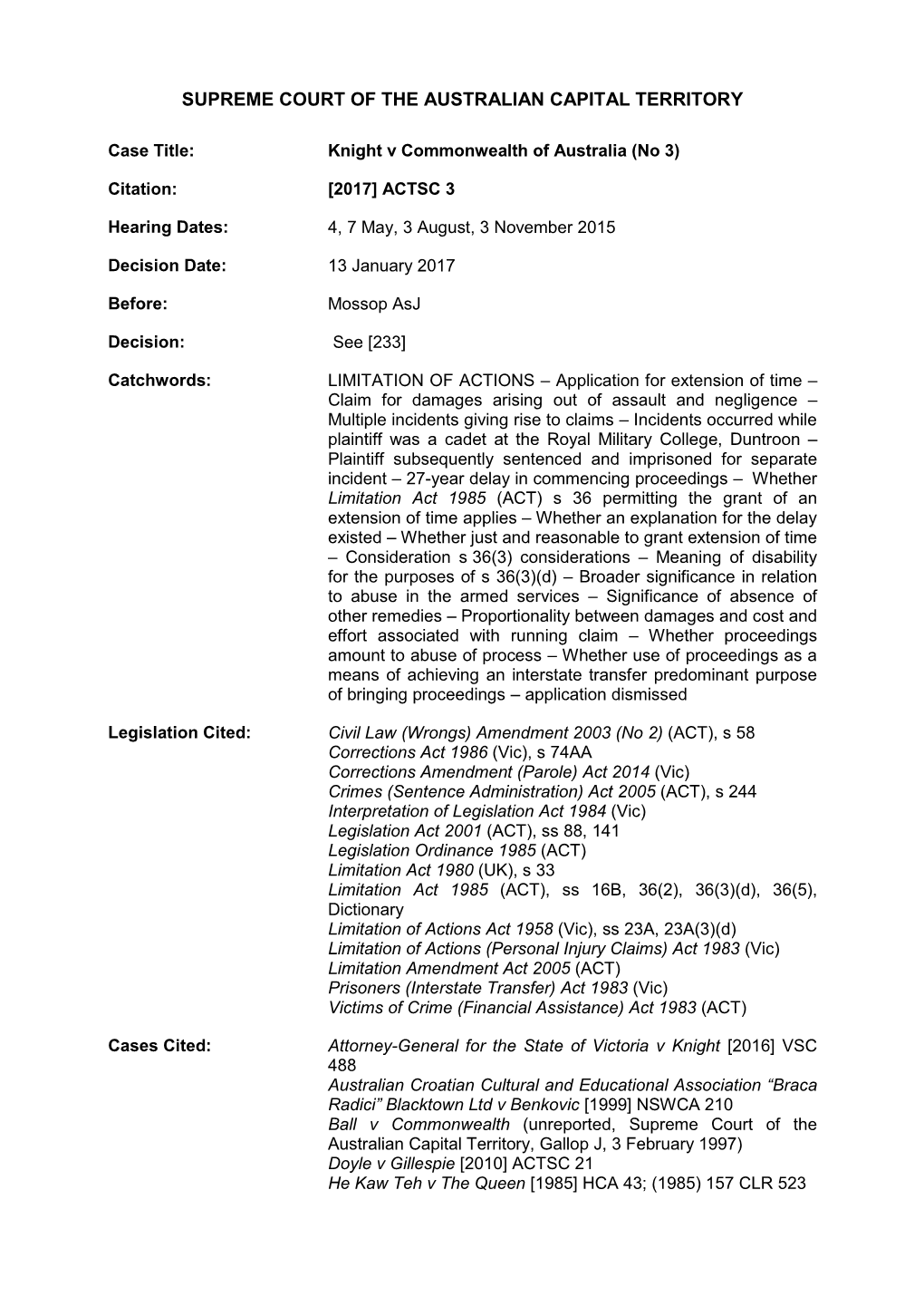 Knight V Commonwealth of Australia (No 3)