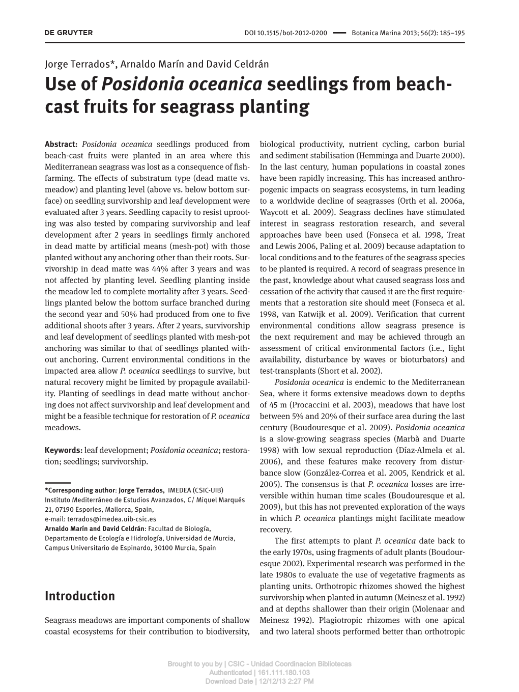 Use of Posidonia Oceanica Seedlings from Beach- Cast Fruits for Seagrass Planting