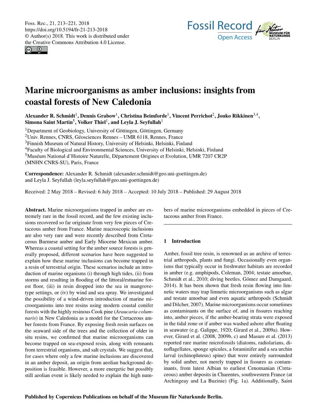 Marine Microorganisms As Amber Inclusions: Insights from Coastal Forests of New Caledonia