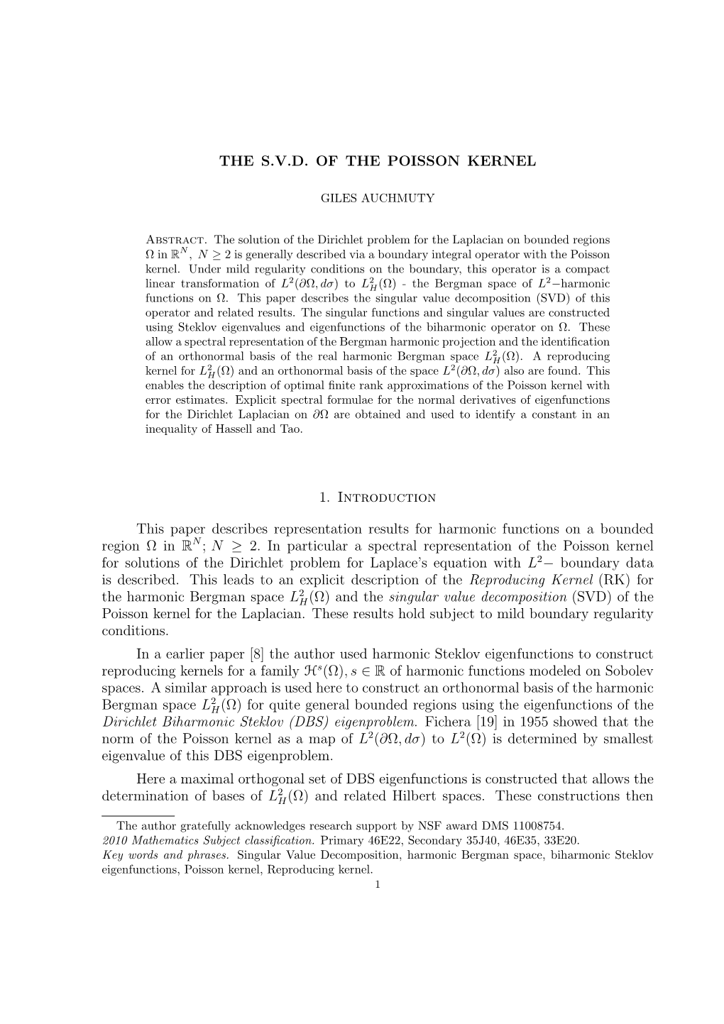 THE S.V.D. of the POISSON KERNEL 1. Introduction This Paper