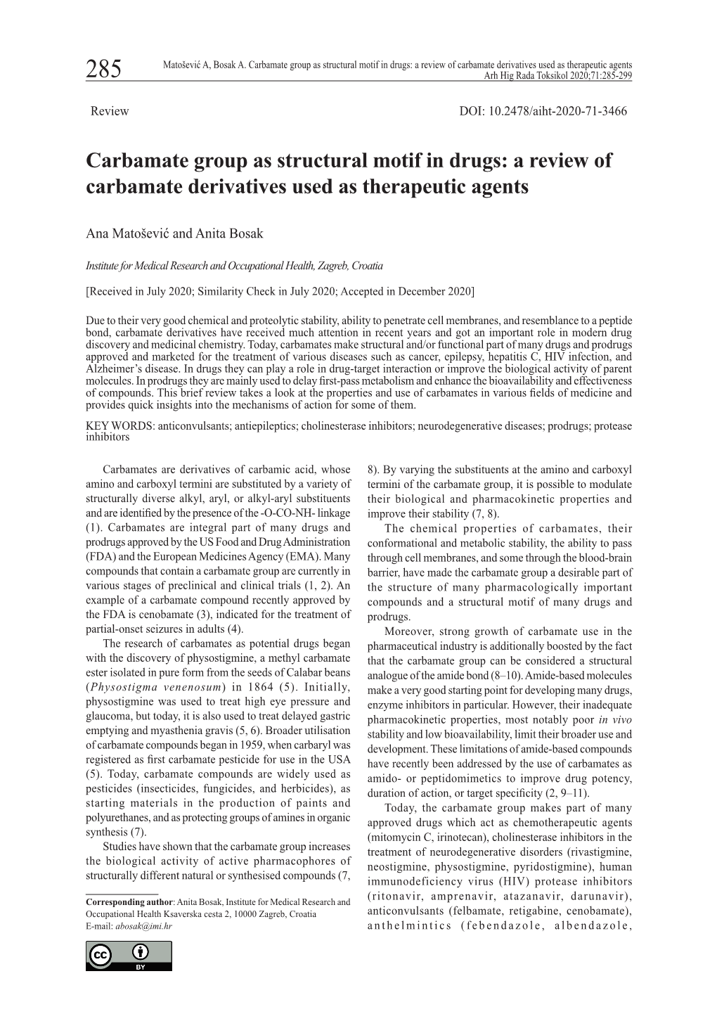 A Review of Carbamate Derivatives Used As Therapeutic Agents 285 Arh Hig Rada Toksikol 2020;71:285-299