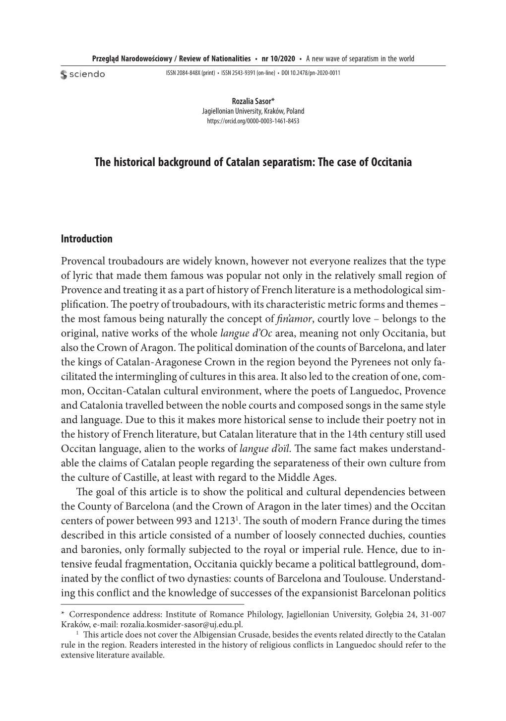 The Historical Background of Catalan Separatism: the Case of Occitania