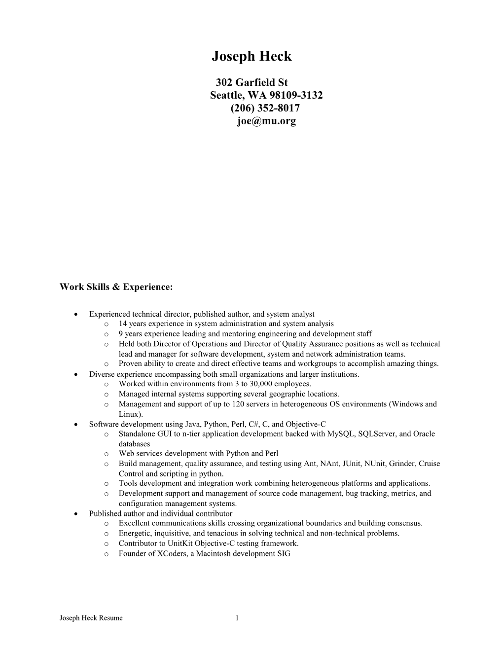 Joseph Heck Resume