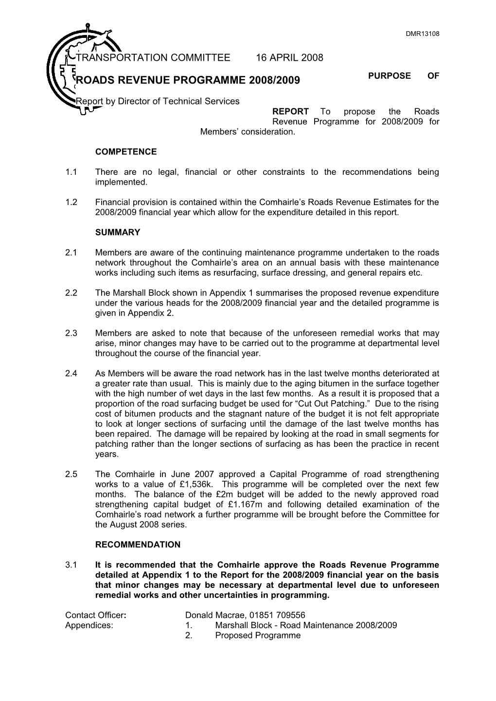 Roads Revenue Programme 2008/2009 Purpose Of